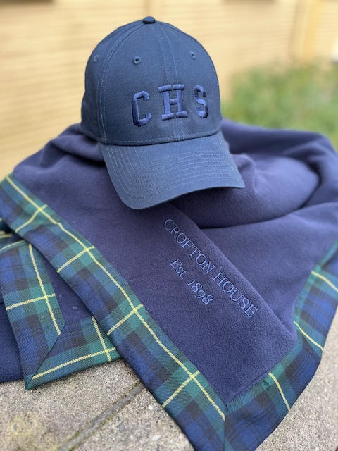 NEW! Embroidered Crofton House Est. 1898  Tartan trim Fleece Blanket