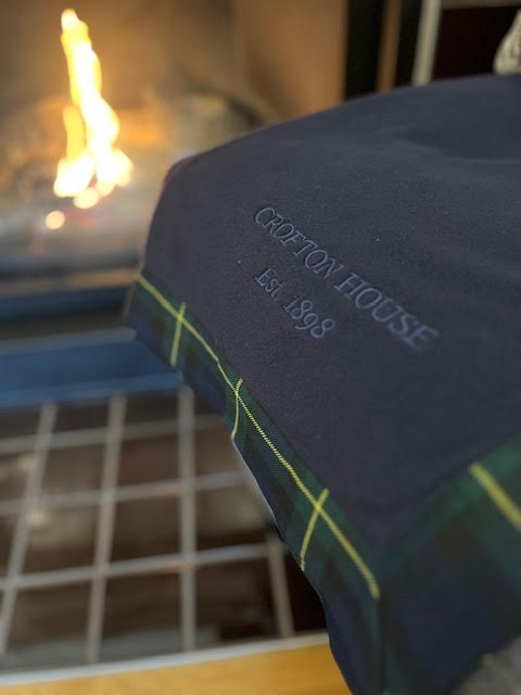 NEW! Embroidered Crofton House Est. 1898  Tartan trim Fleece Blanket
